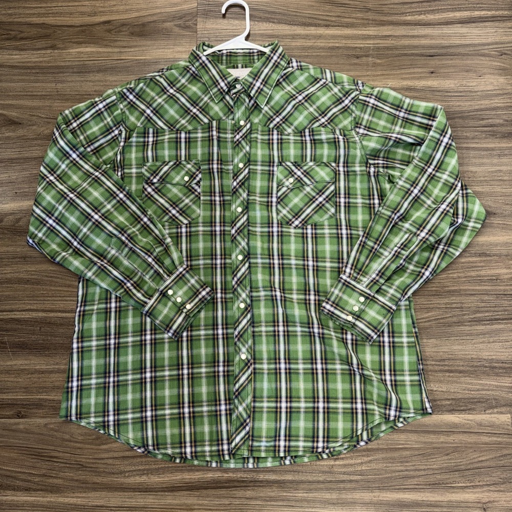 Vintage Wrangler Western Shirt Wrancher Plaid Green Pearl Snaps XL Mens